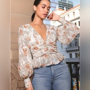 SHEIN Tropical Print Lantern Sleeve Ruched Detail Chiffon Peplum Top Size S